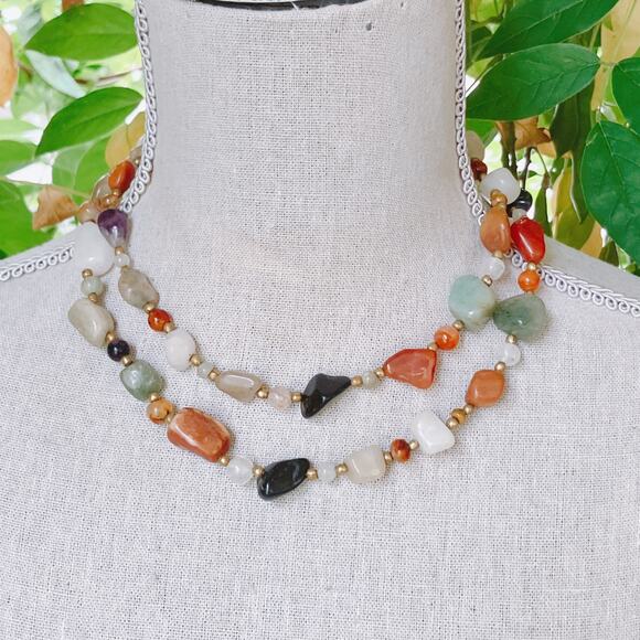Vintage 1960s Long Gemstone Necklace 34" Jadeite Amethyst Carnelian Onyx Quartz - Picture 7 of 10